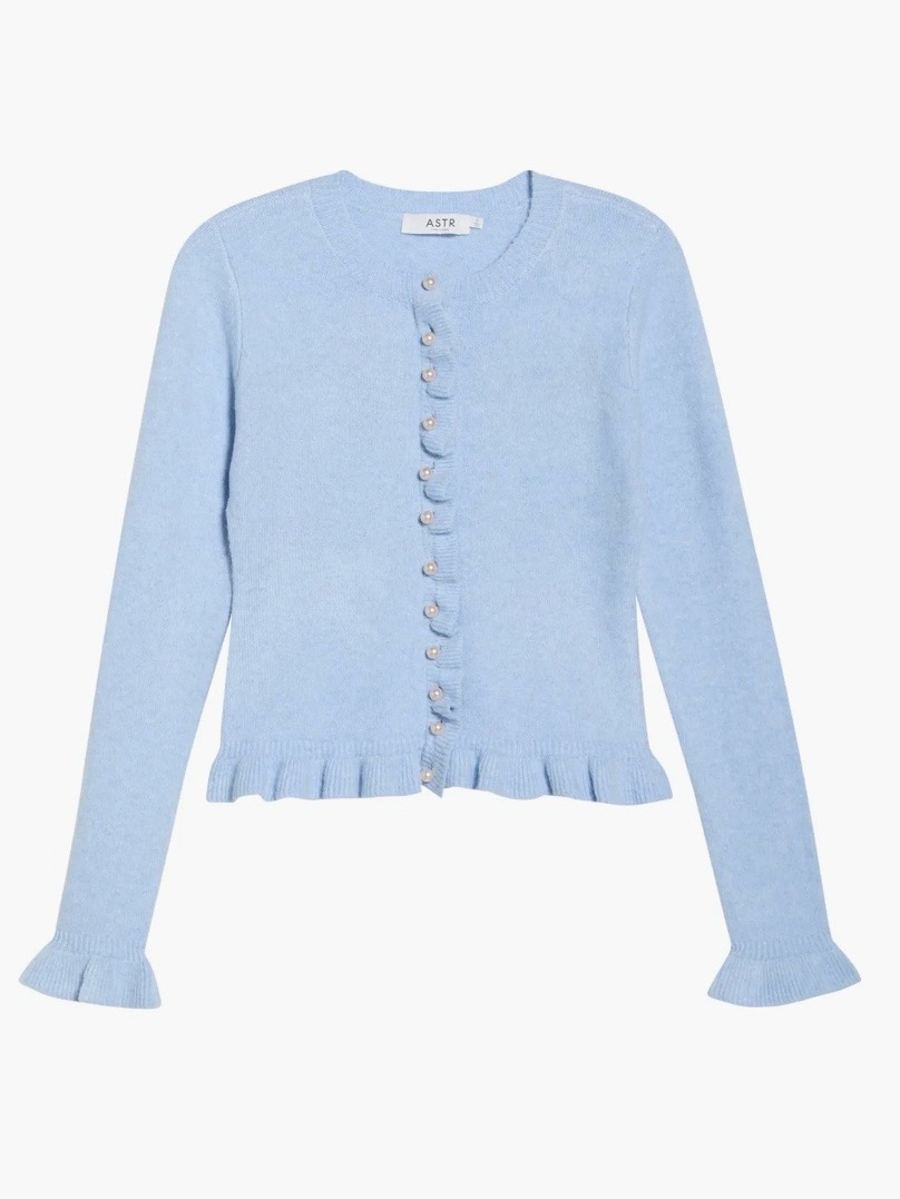 Astr Sky Blue Eowyn Ruffle-Pearl Knit Cardigan